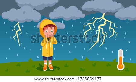 Boy kid scared of thunder, lightning walking outdoors on rainy thunderstorm day with dark clouds. Worried child wearing raincoat. Summer season weather temperature. Flat vector illustration