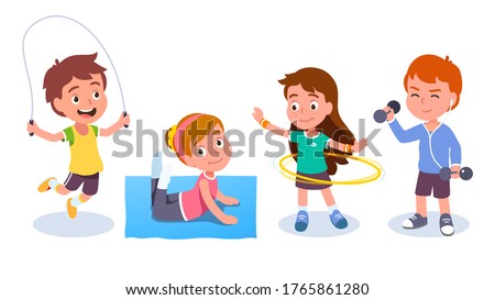 Fit boys & girls kids training & doing sport exercises. Smiling children skipping rope, spinning hula hoop, raising dumbbells & doing gymnastics. Fitness & wellness. Flat vector character illustration