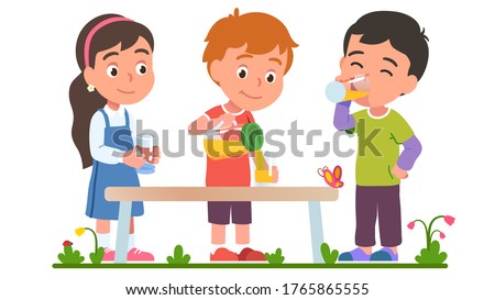 Boy sharing lemonade or juice with friends. Pouring drink into glasses. Kids enjoying drinking fresh beverage together. Thirsty girl stand over table. Children characters flat vector illustration