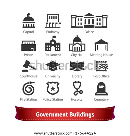 Government Buildings Icon Set. For Use With Maps and Internet Services Interfaces.