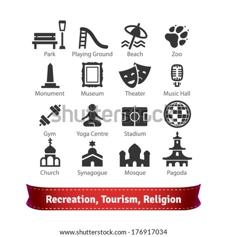 Recreation, Tourism, Sport and Religion Buildings Icon Set. For Use With Maps and Internet Services Interfaces.