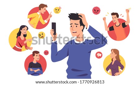 Angry people men, women bullies send aggressive messages & bully sad disturbed guy. Harassing victim read messages on cell phone suffering from cyber bullying. Harassment problem vector illustration