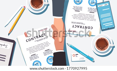 Business people shaking hands over paper and digital signed & stamped contract closing deal. Closeup top view of handshake partnership agreement, desk, phone, tablet, coffee. Flat vector illustration