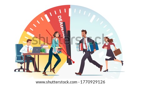 Business people running against deadline clock. Business man & woman company team work hard in rush to finish project in time. Carrying documents, typing on laptop. Flat vector character illustration