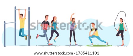 Men & women athletes doing exercises & working out outdoors set. People training,  street workout equipment, jogging, stretching body, skipping rope. Sport, fitness & running. Flat vector illustration