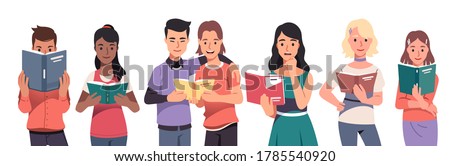 Young men & women students reading paper books set. Smiling people readers standing & holding open textbooks & paperback books. Education, literature & knowledge. Flat vector character illustration