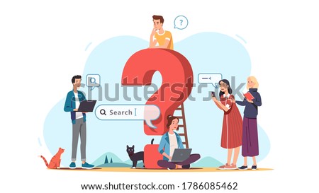 Men & women asking questions, discussing, searching for answers, ideas online and offline using laptop, phone, book next to question mark. Questioning & contemplating concept. Flat vector illustration