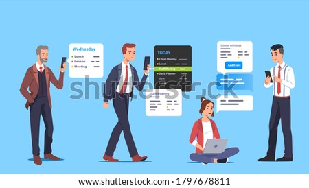 Business men, woman setting reminders, scheduling appointments, organizing day, week events using mobile phone planning app. Manager employee daily schedule flat vector character concept illustration