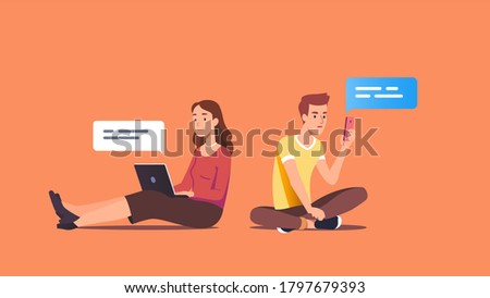 Woman & man couple using messenger application on laptop & cell phone send text messages. Young people chatting online. Chat messaging technology communication. Flat vector character illustration
