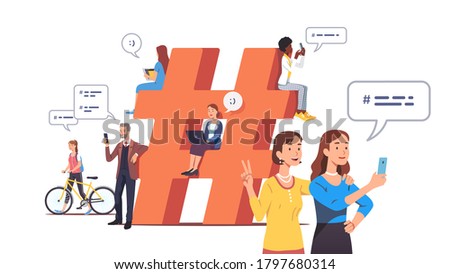 Men & women texting, sending messages with hashtags on computers, mobile phones. Tiny people chat online near big hashtag symbol. Social network modern communication concept. Flat vector illustration