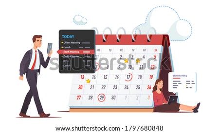 Executive managers scheduling staff meeting, planning month work in online cloud mobile app via laptop, cell phone, desk calendar. Business man, woman setting appointment reminder concept illustration