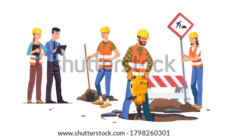 Builders men & women repairing road. Construction workers working, digging hole using shovel, jackhammer at road construction site. Supervisor person take notes. Flat vector character illustration