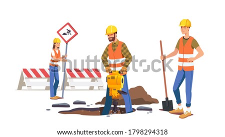 Builders men repairing road. Construction workers working, digging hole using shovel, jackhammer at road construction site. Women employee holding sign. Flat vector character illustration