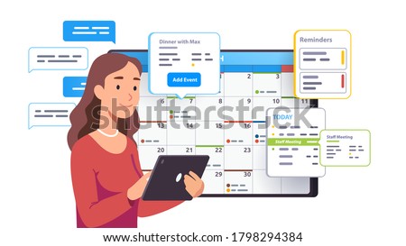 Business woman planning day scheduling appointment in calendar application. Person sending messages, checking, adding event, meeting reminders in tablet planning app Flat vector character illustration