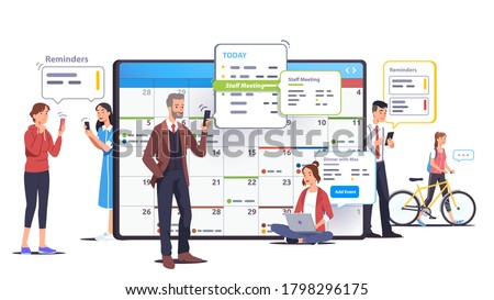 Business men, women scheduling appointments in calendar application. People check & set meeting, event reminders in planning app. Organizer app on big tablet screen. Flat vector concept illustration