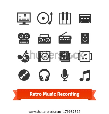 Retro music recording and multimedia icon set.