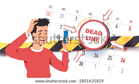 Troubled worried freelancer scared of upcoming deadline date. Time constraint man employee character stressed about missing calendar deadline looking at cell phone. Flat vector concept illustration