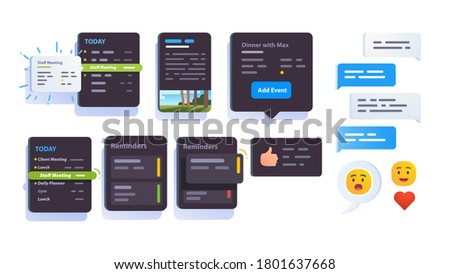 App interface elements. Reminder, today, chat messaging, add event post pop up windows. Time management & planning application clipart. Flat vector interface element illustration
