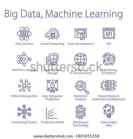 Big data, machine learning, computer science concept. Blockchain technology, statistical analysis, internet network thin line icons set. Cloud computing isolated linear vector illustrations	