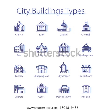 City buildings types concept. Government building, public bank, local school, hospital house, capitol, church, courthouse thin line icons set. Town architecture isolated linear vector illustrations