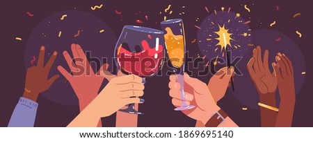 Man, woman hands holding sparklers, clinking glasses with alcohol drinks having Christmas party. Friends persons celebrating holiday event together at club. Celebration fun flat vector illustration