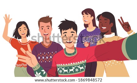 Joyful men, women posing taking selfie group photo picture having New Year Day party. Young friends persons celebrating Christmas together. Xmas celebration fun flat vector character illustration