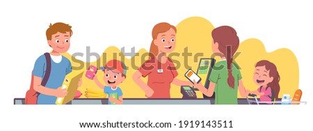 Family couple with kids cashing out supermarket store groceries. Cashier ringing out food, taking phone wireless payment with NFC POS at cashier checkout counter cash register flat vector illustration