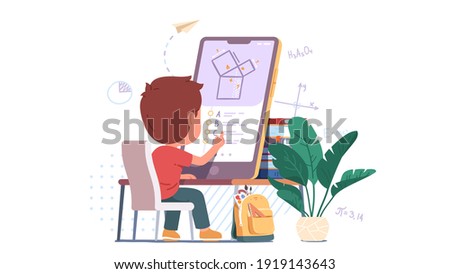 Boy kid student solving geometry problem on big mobile cell phone screen studying online. Child person learning or doing test sitting at home desk. Distance education concept flat vector illustration