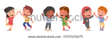 Happy multiethnic friends kids boys, girls give high five greeting. Friendly diverse nationalities children persons in national costumes meeting. International friendship flat vector illustration set