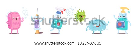 Fun kids hygiene object animated cartoon characters set. Soap, corona virus vaccine syringe, sanitizer spray, mask, antiseptic bottle. Pandemic prevention protection flat vector illustration
