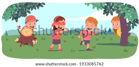 Boys, girls kids playing hide and seek on beautiful summer lawn. Blindfolded girl seeking friends hiding behind bushes, trees. Happy children enjoying outdoor game activity. Flat vector illustration