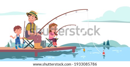 Family enjoying fishing. Fisherman father, daughter, son kids stand, sit on folding stool on river pier with fishing rods. Happy boy child holding fish on hook. Flat vector illustration 	