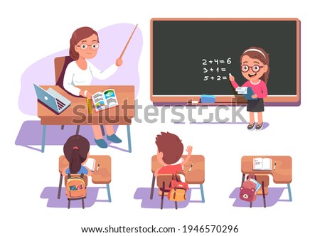 Teacher woman teaching kids class at mathematics lesson in school classroom. Girl child doing sums on blackboard, students sit at desks studying math. Classical education. Flat vector illustration