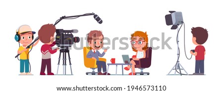 TV presenter man interviewing celebrity woman in television studio with camera crew cameraman shooting interview. Show host, guest kids people talking. TV interview flat vector character illustration