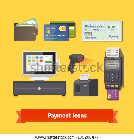 Payment flat icon set. All for business payments: POS terminal with barcode scanner and receipt printer, wallet, credit cards and check. EPS 10 vector.