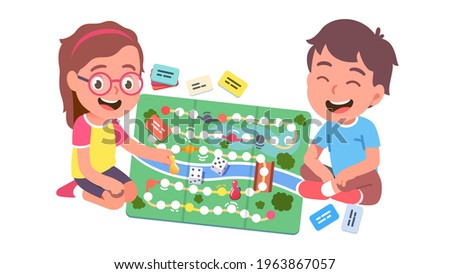 Kids playing board game together. Boy and girl throwing dice, moving pieces playing path boardgame sitting at table. Leisure activity and child social development. Flat vector character illustration