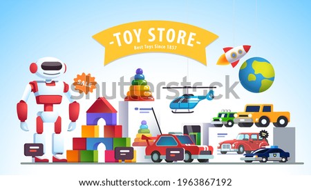 Toy store assortment in showcase window. Robot, cars, pyramid, helicopter, rocket, blocks. Colourful shop display decoration. Сhildren goods market sale. Flat vector isolated illustration