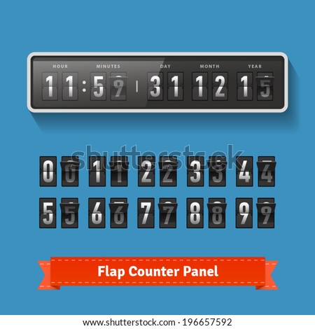 Flap time and day wall clock. Number counter template plus all digits with flips. Also suitable for 2014-2015 countdown. Highly editable EPS10.