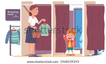 Boy kid trying on clothes in shop dressing room, mother holding t-shirt, shorts on hangers. Child son, mom buying clothes together. Family shopping in clothing store. Flat vector dresser illustration