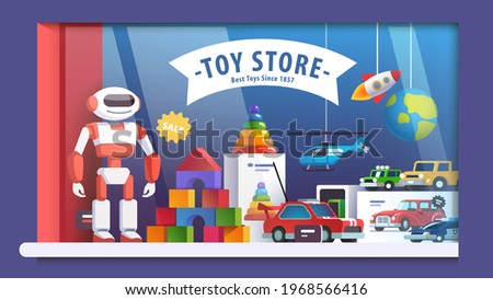 Robot, cars, pyramid, helicopter, rocket, blocks in boy toy store window. Colourful storefront display decoration. Childhood, children goods sale shop market. Flat vector isolated illustration