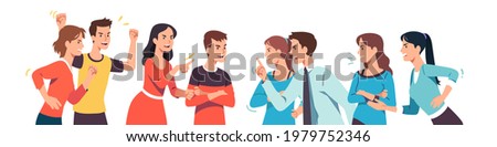 Angry men and women different groups arguing, fighting. Aggressive people discussing social issues, shouting, gesturing. Communities disagreement, conflict problem discussion flat vector illustration