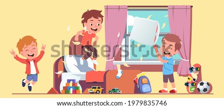 Pillow fight at boys room. Three kids having fun playing together at home bedroom. Excited children throwing pillows, feathers flying, jumping on bed, making ruckus. Flat vector character illustration