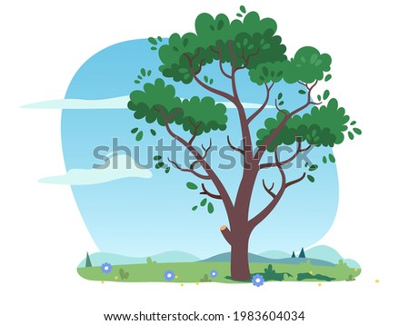 Early summer or spring tree plant on green grass meadow with blooming flowers. Tree with growing foliage leaves on branches. Nature environment, botany, summer season weather flat vector illustration Photo stock © 