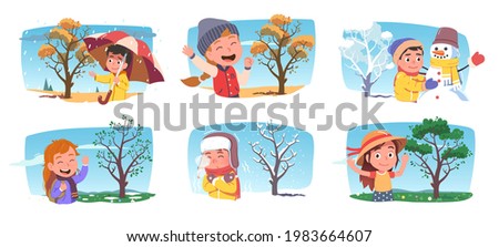 Happy girls, boys kids enjoying four seasons weather set. Children persons holding umbrella in autumn rain, making snowman in winter, walking in spring, summer park with tree. Flat vector illustration