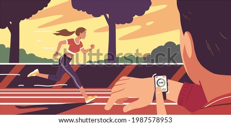 Runner woman running on race track, coach person checking time on smart watch. Professional athlete training in competitive sport. Competition, athletic training flat style vector illustration