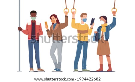 Men, women people passengers in masks riding inside public transport during coronavirus pandemic. Persons standing holding handles in bus or subway train. Social distancing flat vector illustration