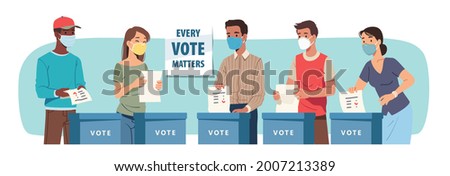 Voting process during pandemic. Voters in masks cast paper ballot putting vote into election box set. Men, women voting in favor or against candidate. Polling place flat vector illustration Foto stock © 