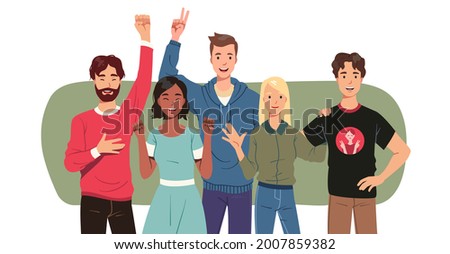 Friends group team stand together gesturing. Happy young men, women portrait. Multiethnic people characters in casual clothes, pose, show winner gestures. Friendship fun flat vector illustration