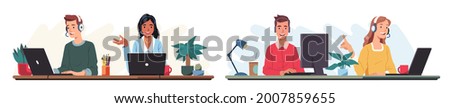 Support call center people working in office wearing headsets, microphones, talking to customers. Operator consult clients on phone helpline. Customer support help service flat vector illustration
