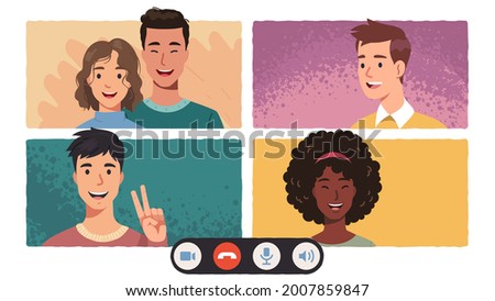 Group distant video conference call with 4 people. Men, women talk from home meet online. Smiling people friends chat online on device screen. Virtual distance communication flat vector illustration